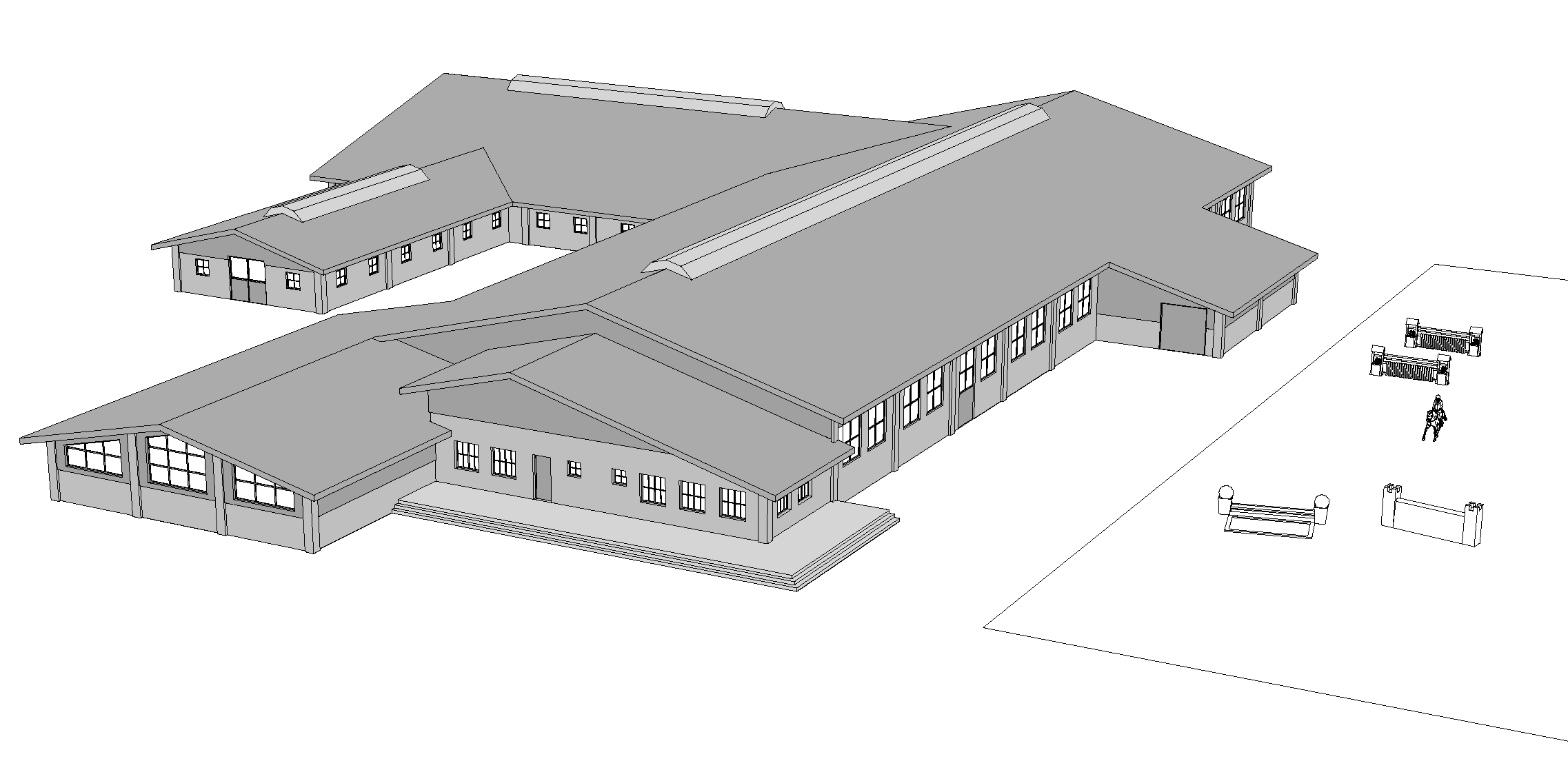 Architektonische Skizze eines Reitstall-Komplexes von EQUUS DESIGN PLANUNG mit mehreren verbundenen Gebäuden und einem Übungsplatz mit Springhindernissen im Vordergrund.