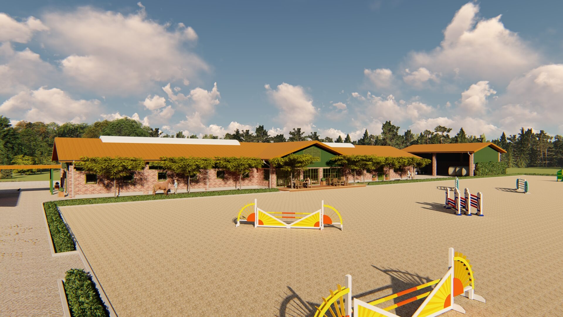 3D-Visualisierung eines ländlichen Reitstalls mit angeschlossenem Außenreitplatz und farbenfrohen Springhindernissen, gestaltet von EQUUS DESIGN PLANUNG unter blauem Himmel.
