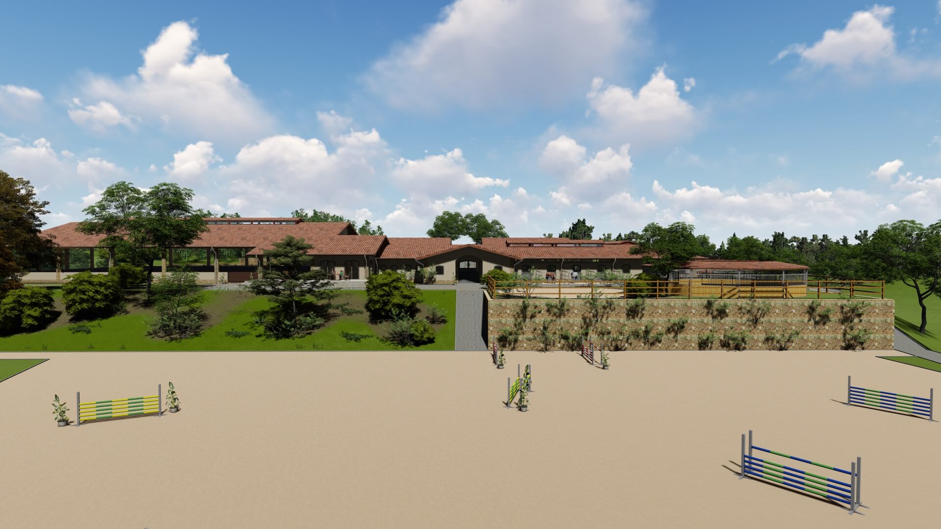 Visualisierung eines weitläufigen Reitgeländes von EQUUS DESIGN PLANUNG mit Stallungen im Hintergrund, eingebettet in eine natürliche Landschaft, betont durch Springhindernisse auf einem Sandplatz.