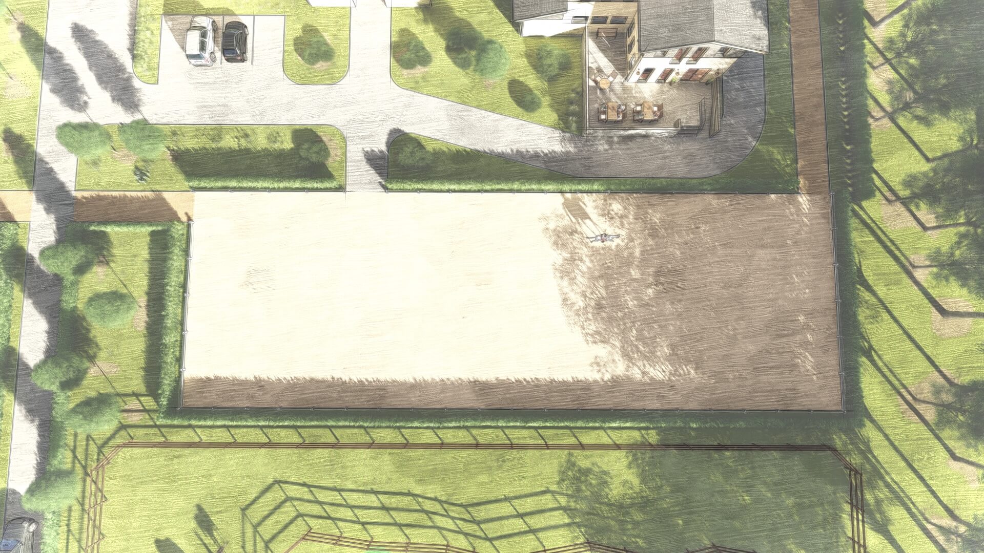 Luftaufnahme einer Planzeichnung von EQUUS DESIGN PLANUNG, die eine Reitanlage mit großen Reitplätzen, Stallungen und umgebenden Grünflächen zeigt, eingebettet in eine ruhige, baumreiche Landschaft.