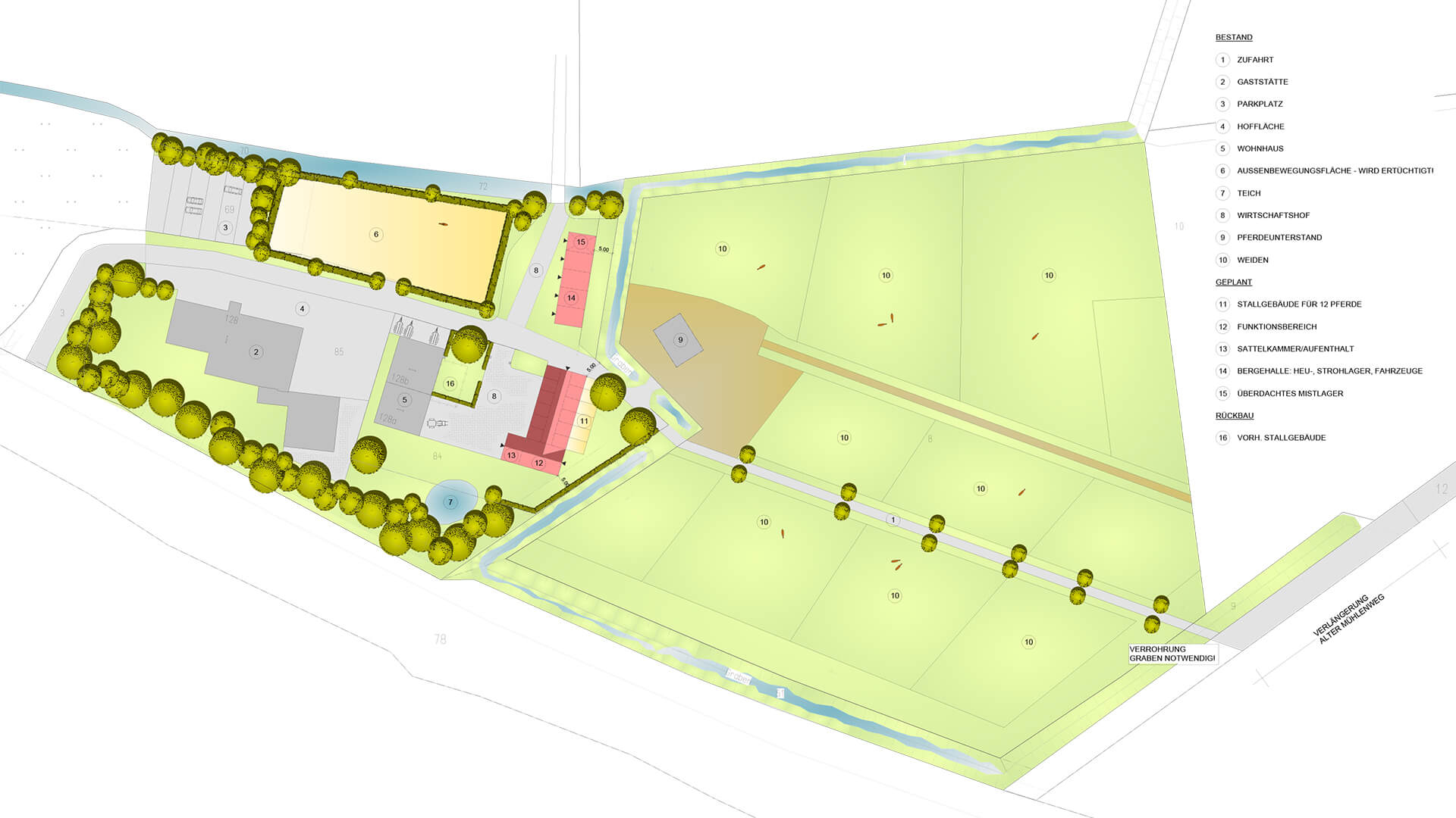 Detailplan einer Pensionspferdeanlage mit Stallungen und Weideflächen.