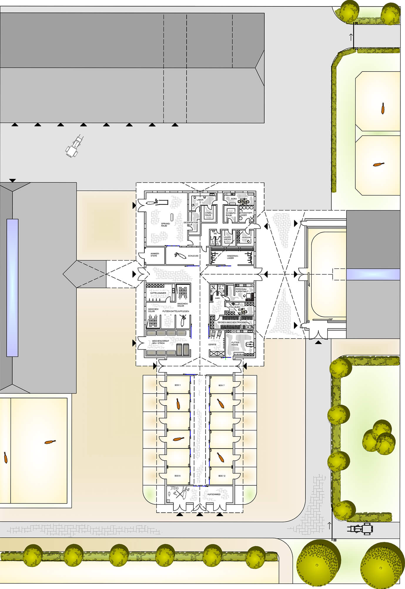 Detaillierter Plan eines Gestüts mit verschiedenen Funktionsbereichen, einschließlich Stallungen und Trainingsanlagen, aus der Vogelperspektive