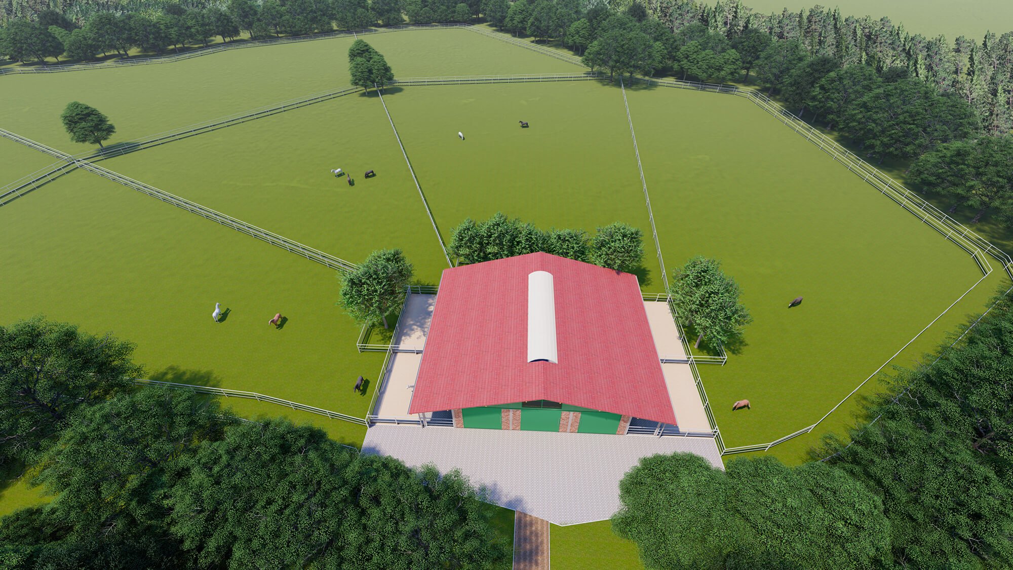 Luftansicht einer modernen Reithalle umgeben von Weideflächen, entworfen für optimale Pferdehaltung