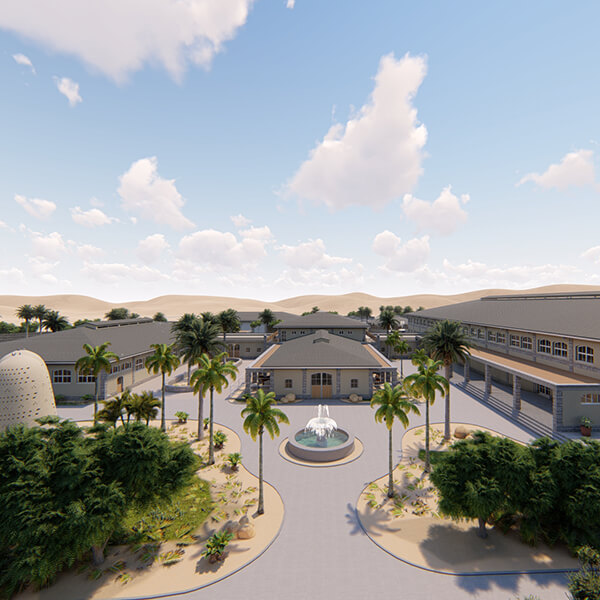Springsportanlage in Qatar 3D-Visualisierung einer eleganten Reitanlage im Wüstenstil mit zentralem Springbrunnen, flankiert von Palmen, dem Hauptgebäude und Nebengebäuden mit Bogendächern, inmitten einer Oase mit Sanddünen 
